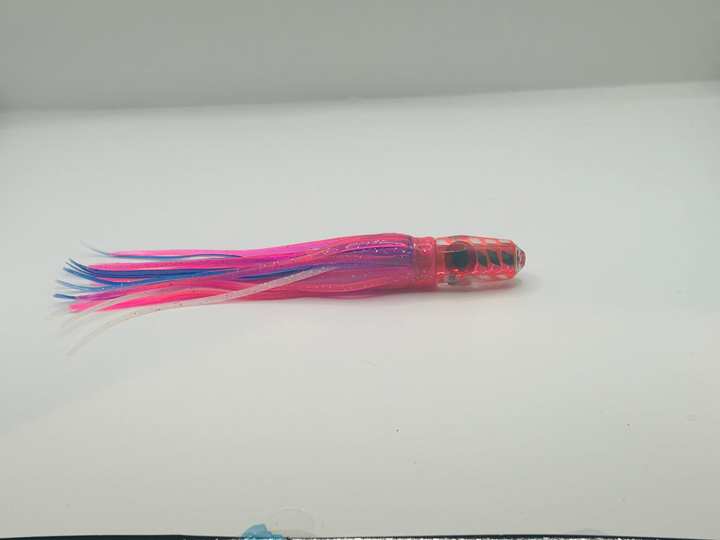 KC Lures - 5” Pink Cracked Glass Single Hole Bullet New Skirts Pink over Blue and White.